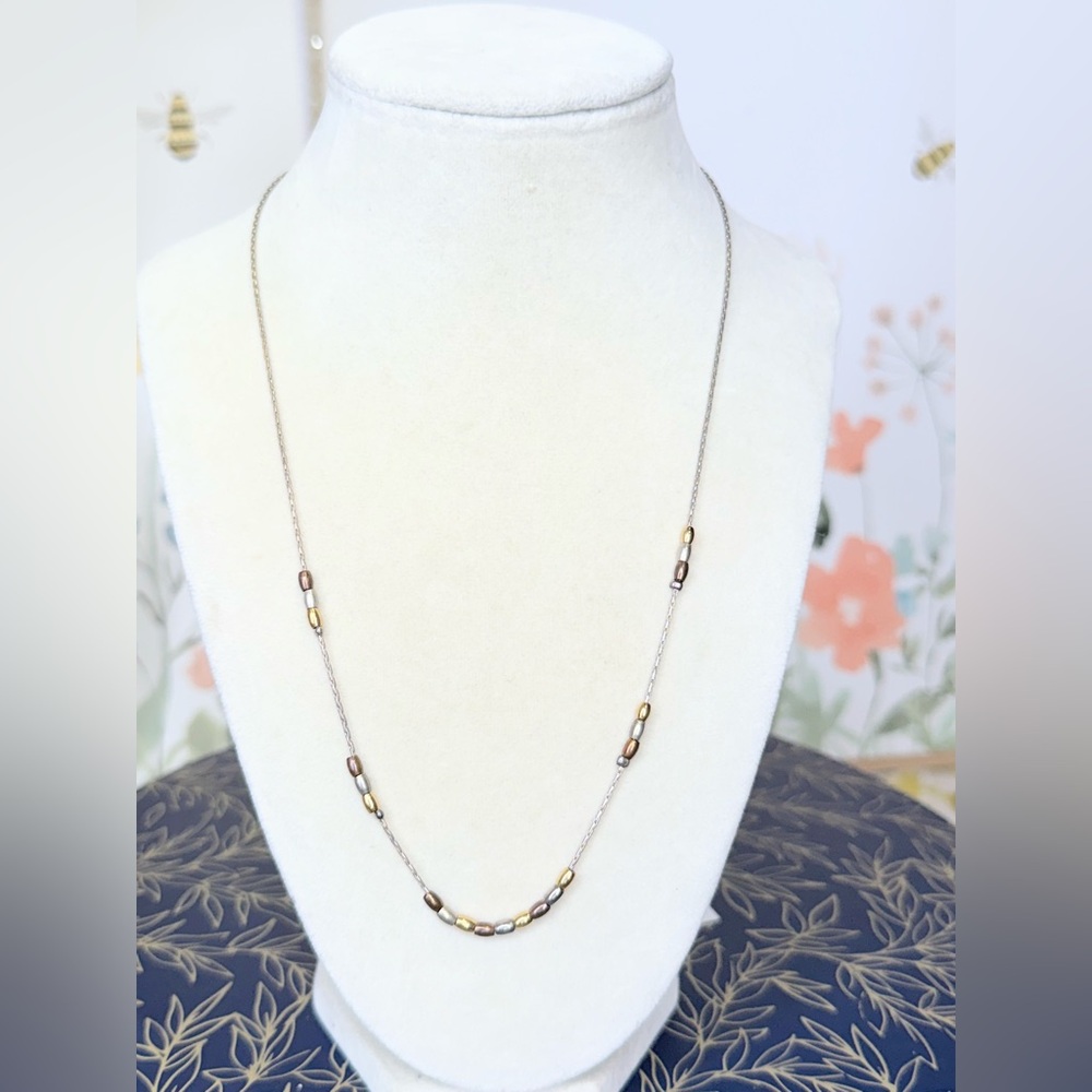 Vintage Mixed Metal Bead Necklace • Silver/Gold/Bronze Tube Beads • Adjustable